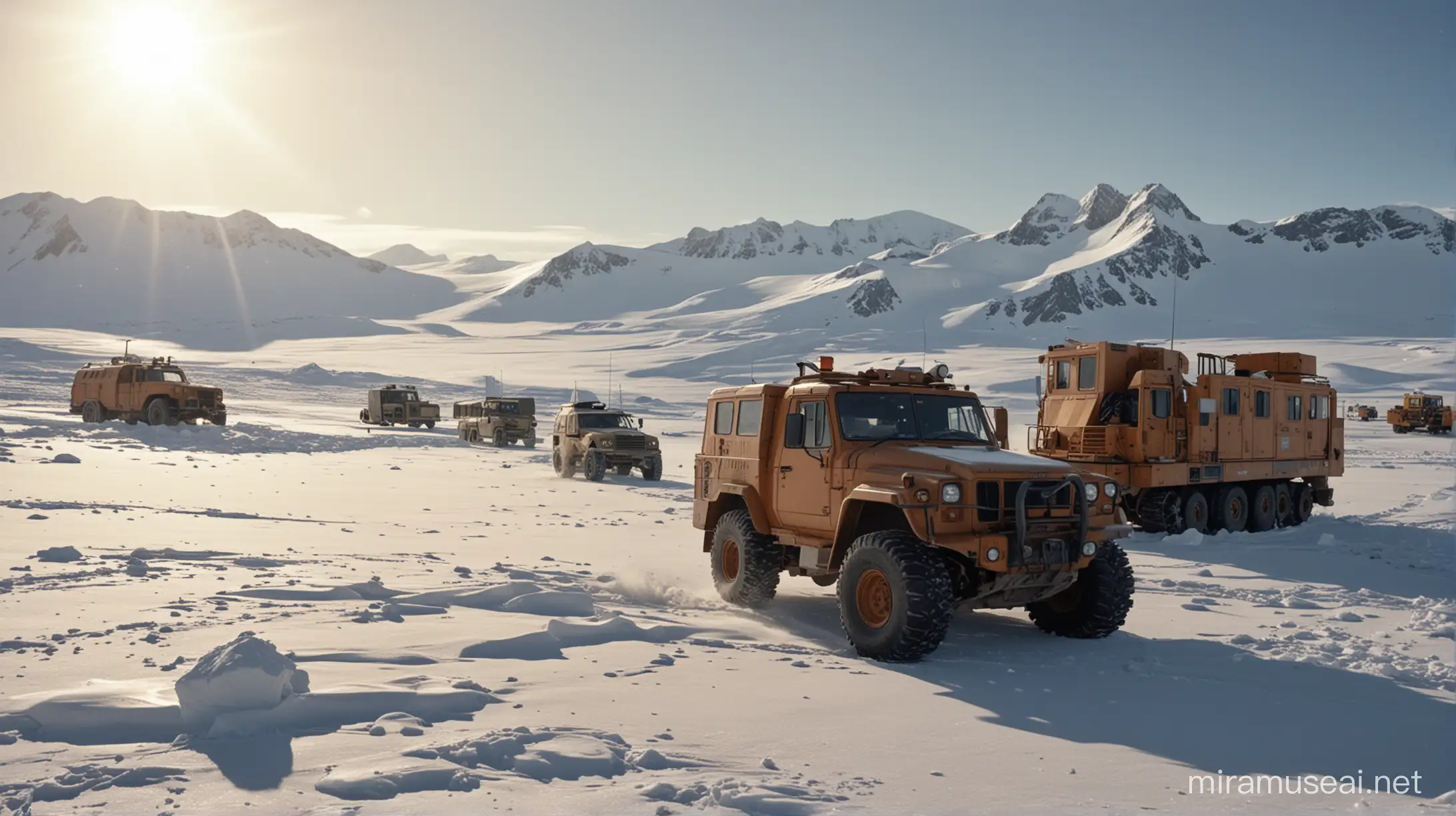 cinematic still, film by john carpenter, the thing, antarctica, low winter sun, snowcat, convoy, destroyed buildings in background