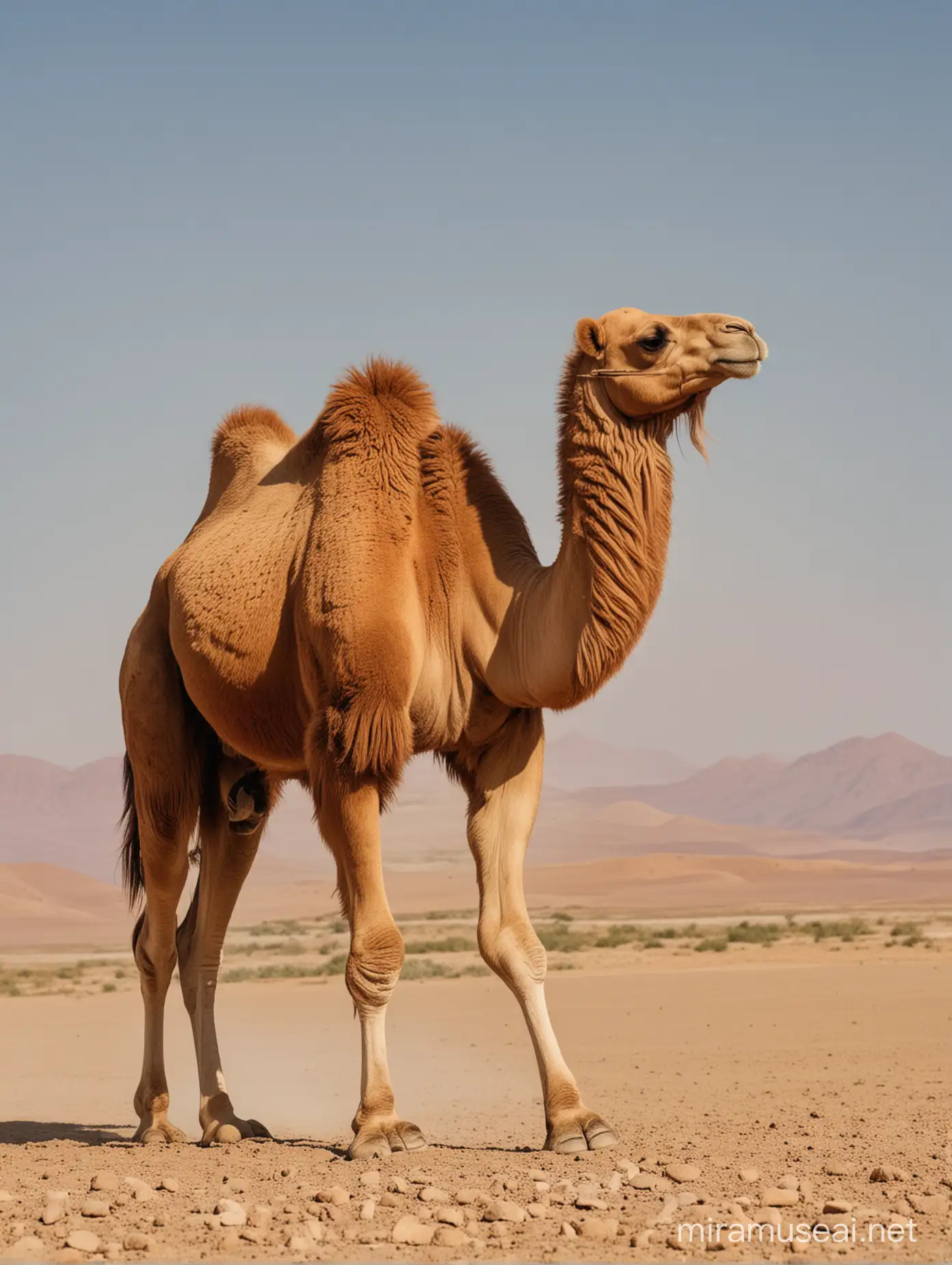 Majestic Alashan Bactrian Camel Striding Across Gobi Desert Sands