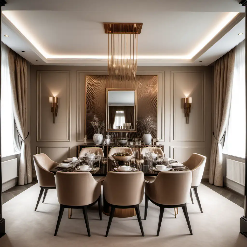 Editorial style photograph of a modern luxury dining room with table, beige chairs with a pattern, beige panelling feature wall mirrors bronze accents in a modern mansion in London. Realistic 8k photos with a canon