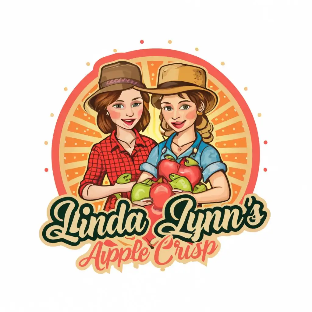 a logo design,with the text "LINDA LYNN's 
APPLE CRISP", main symbol:Modern Farmer mom and daughter holding apples