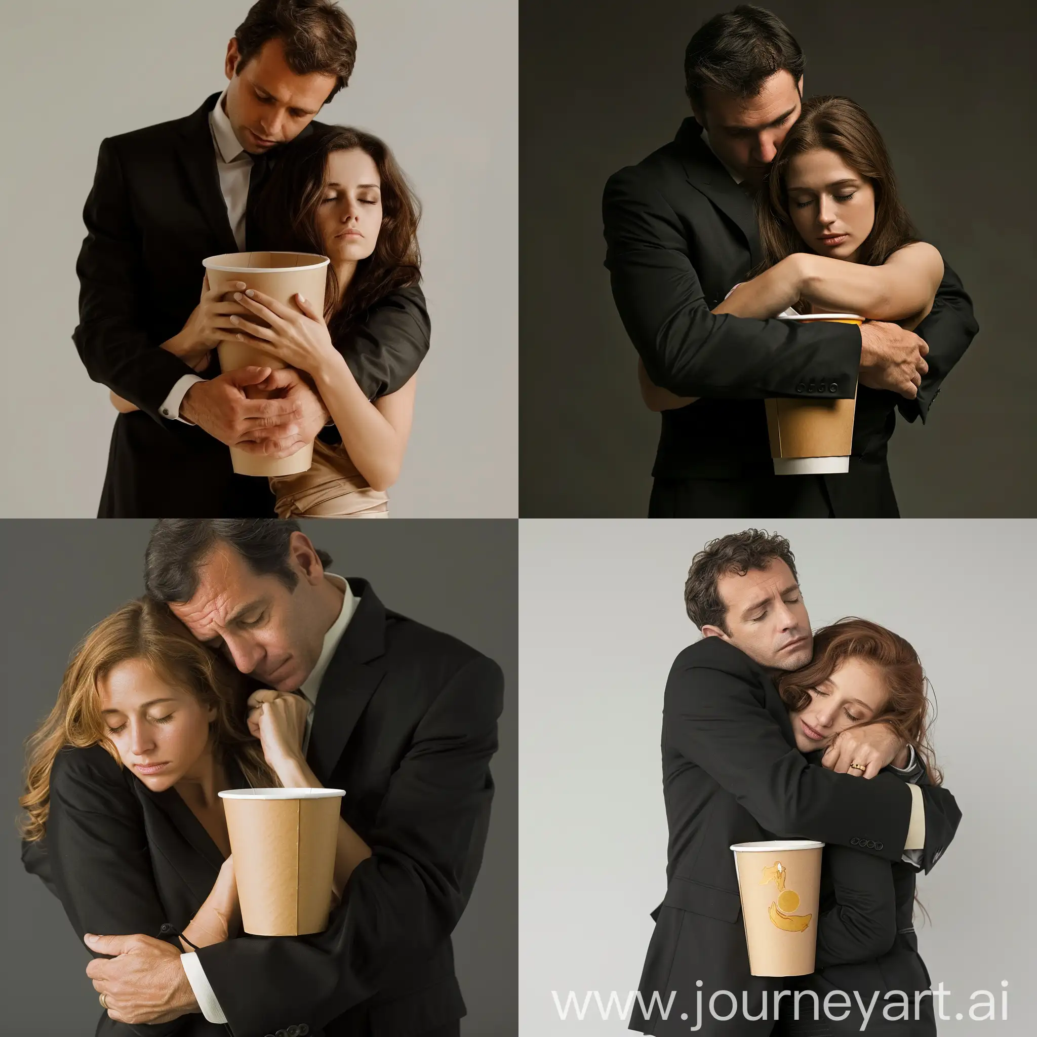 A Boss in black suit holding a tired female employer who is in a paper cup