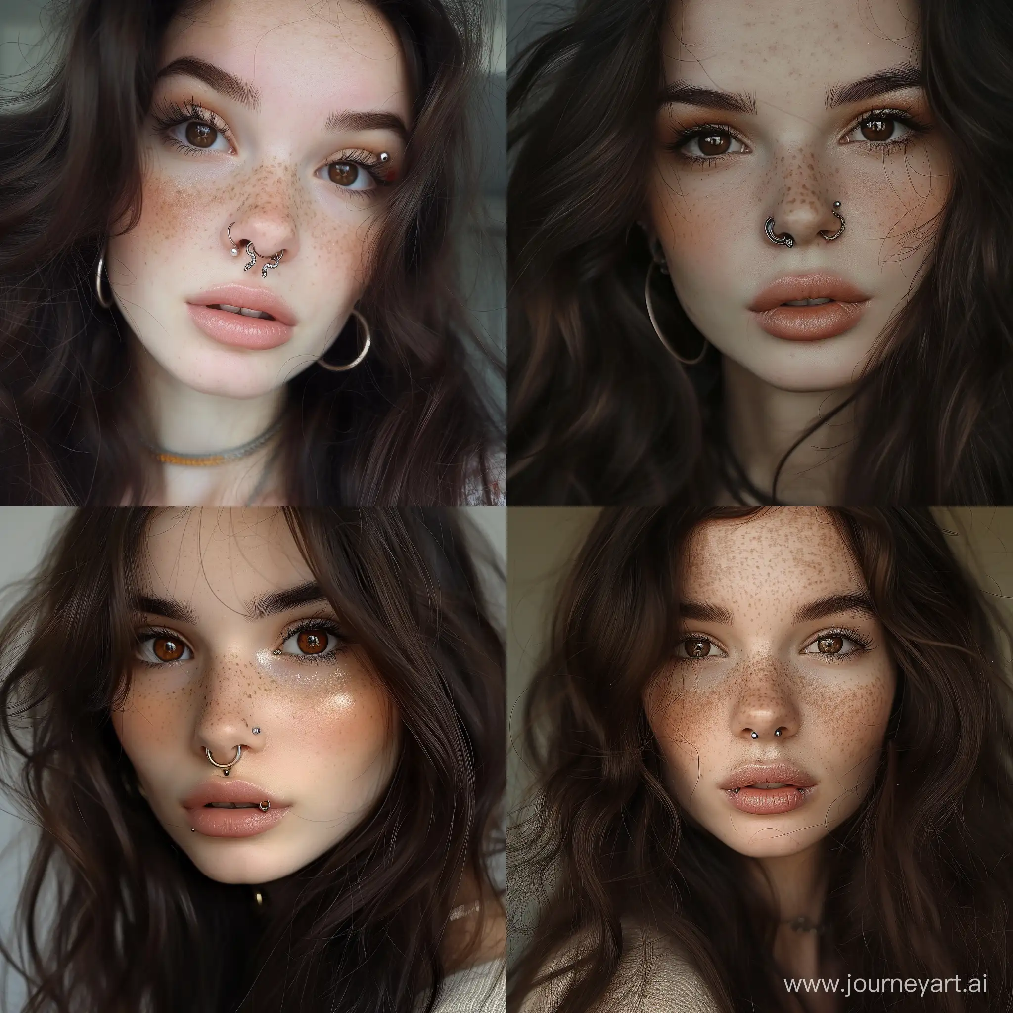Caucasian Girl with long dark brown hair, brown eyes, fair skin , big pale lips, two snake piercings, one nostril piercing and one septum piercing