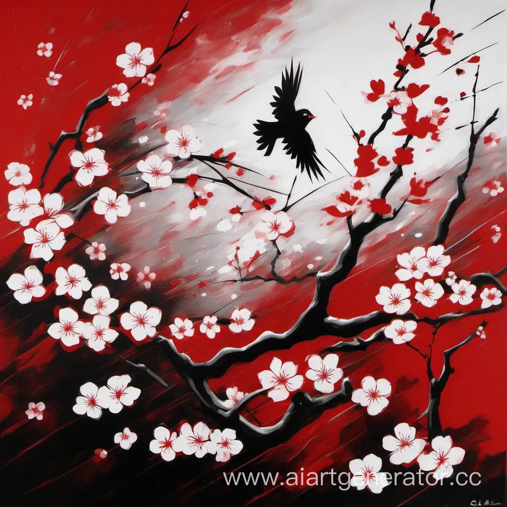 Abstract-Sakura-Blossoms-with-Passionate-Birds-in-Red-Black-and-White
