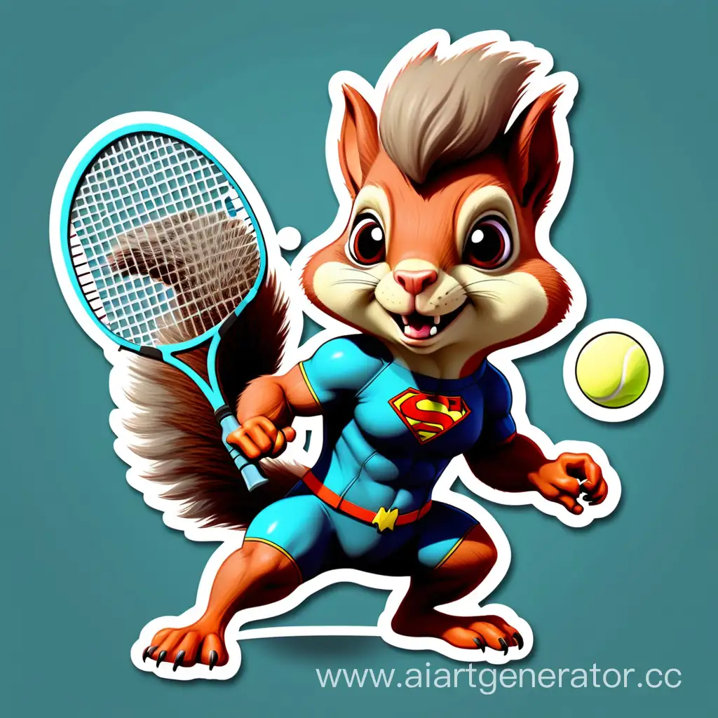 Create a unique sticker design featuring a super hero animal squirrel  play tennis with an incredible style
