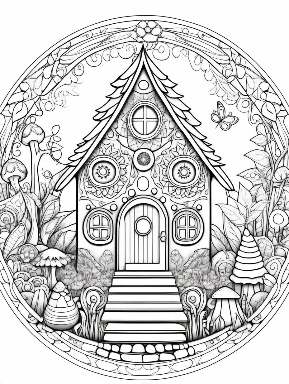coloring page for children, mandala, fairy homes images, white background, clear line art, fine line art