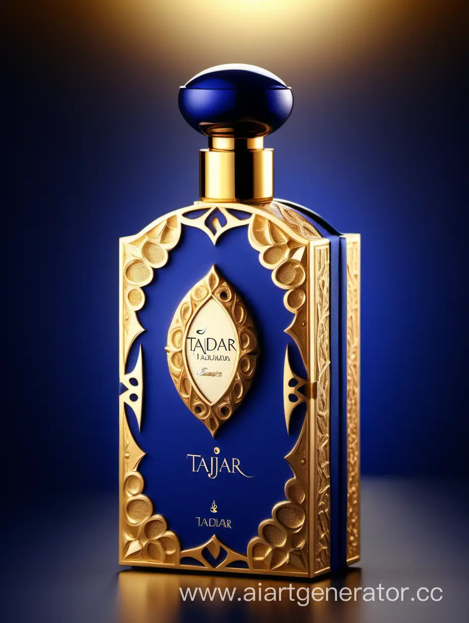 Luxurious-Perfume-Box-Design-TAJDAR-Product-in-Elegant-Gold-Royal-Blue-and-Beige