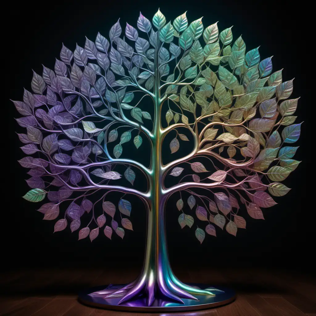 A tree of knowledge with iridescent leaves, each leaf representing a unique piece of information linked to others.
