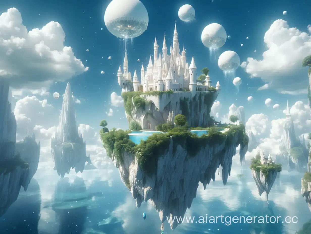 floating islands, space instead of sky, a white fairy castle on one of the flying islands