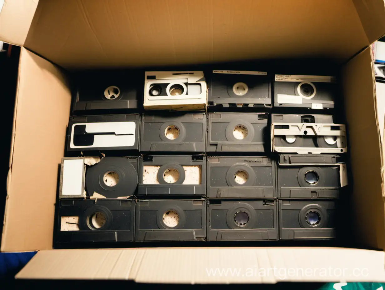 Старая пыльная картонная коробка которая наполнена старыми кассетами vhs