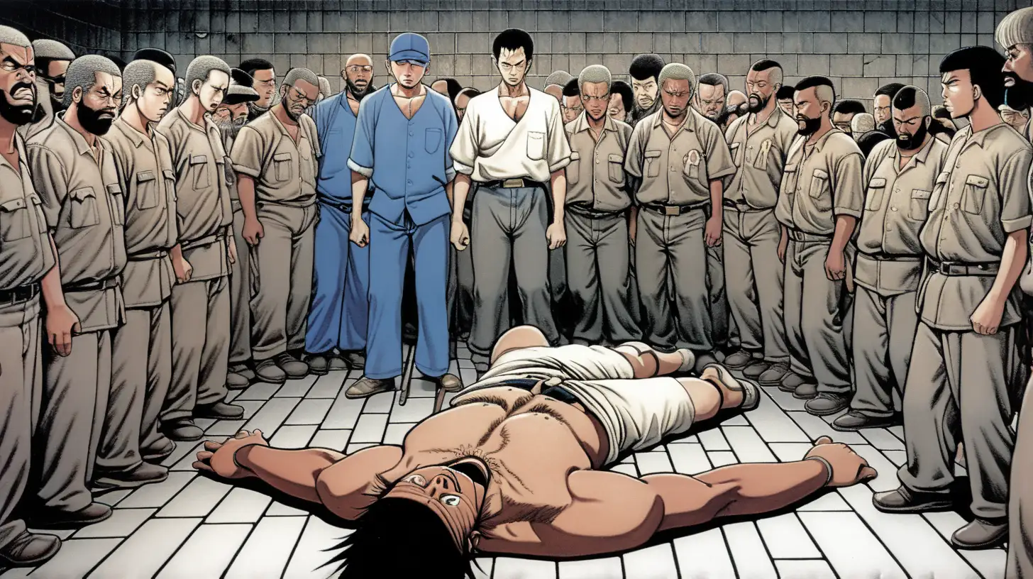 a colored manga image of a murdered man surrounded by prisoners.