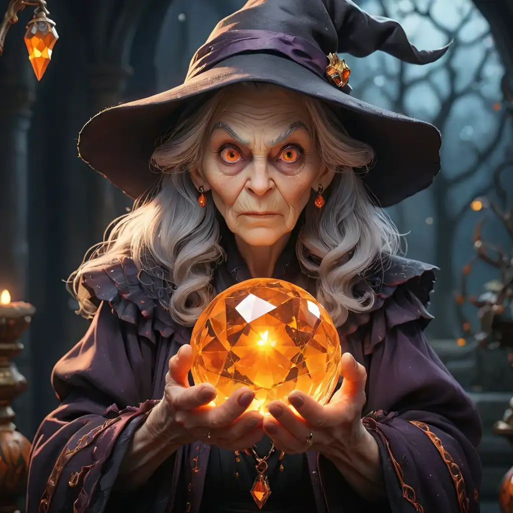 Грозна Старя Вещица държаща светеша оранжев Кристална топка на Диамантен фон
