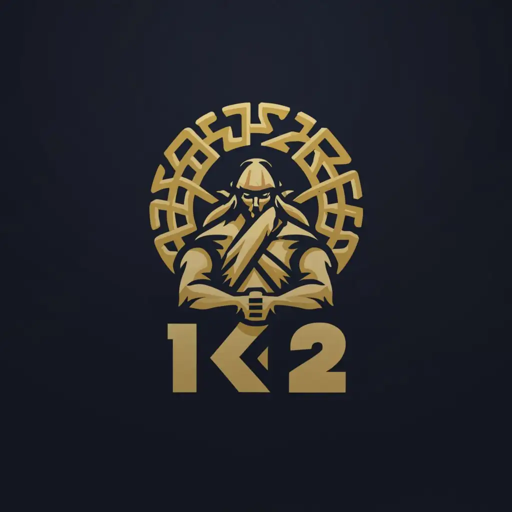 a logo design,with the text "k2", main symbol:barbarian with circled rune,complex,clear background