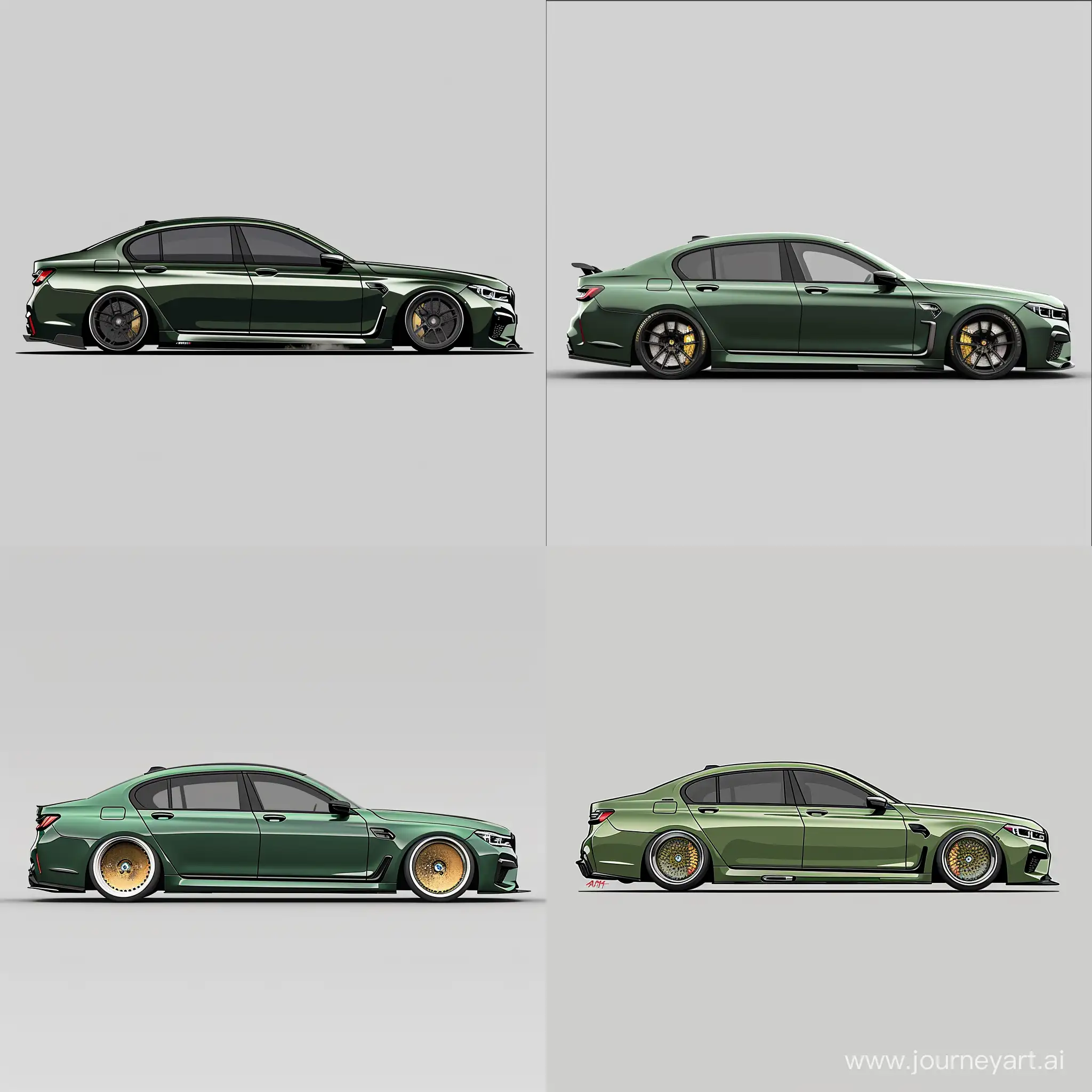Minimalist 2D Side View Illustration, Hunter Green BMW M7, Dust Tuning Body Kit, Simple Gray Background, Affinity Designer Software, High Precision
