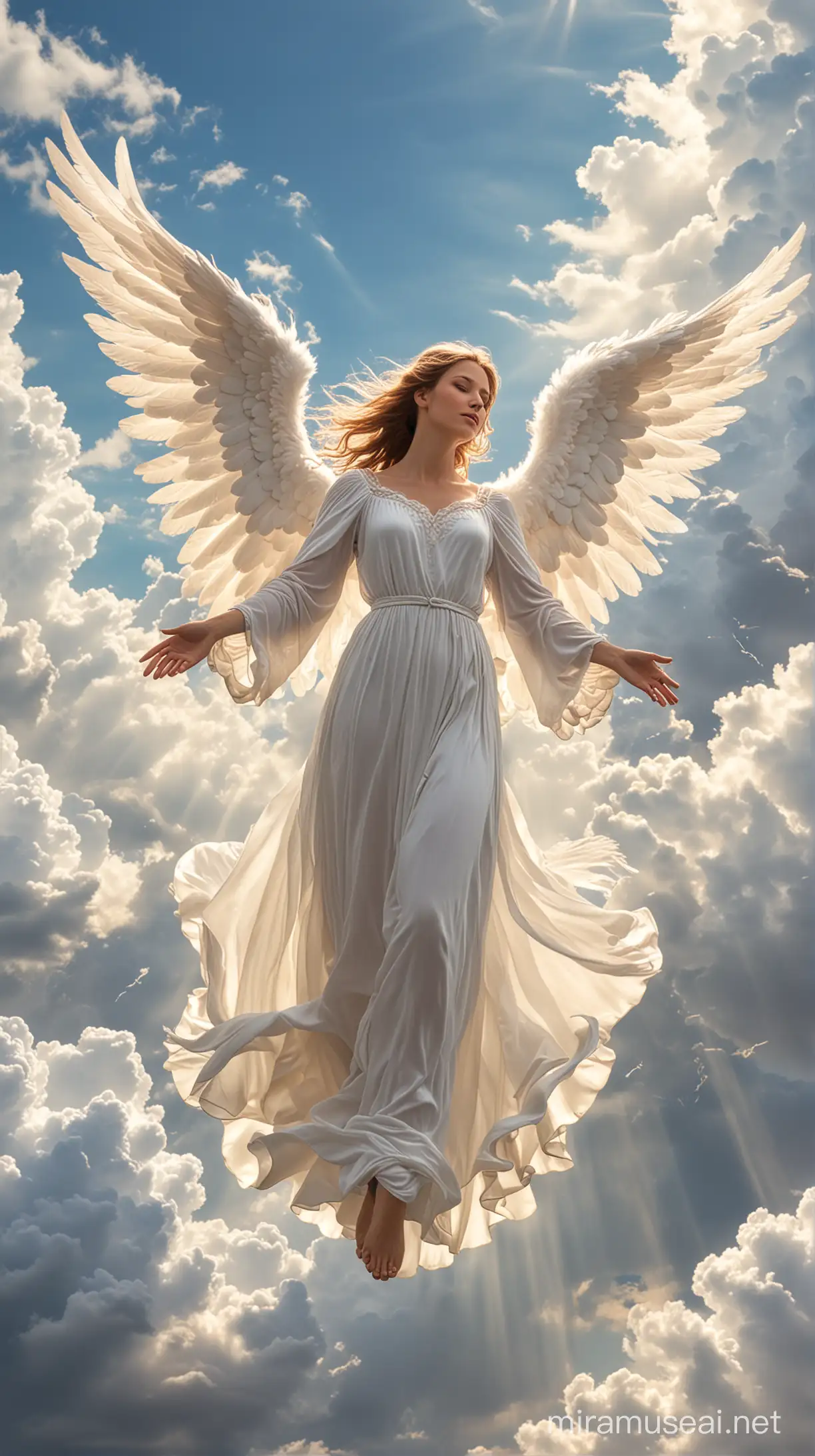 The angel of love is flying among the white clouds, with her wings open to receive the sunlight.