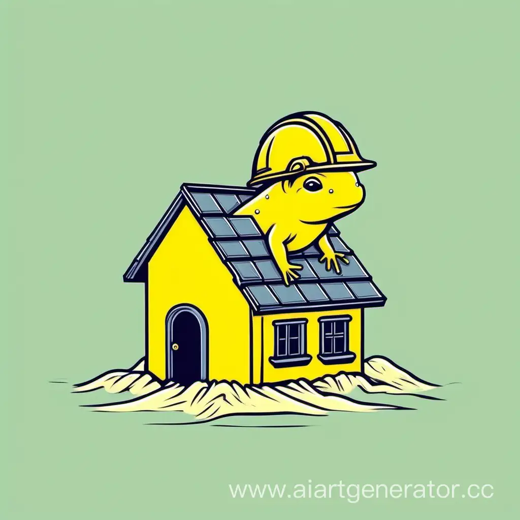 милый жёлтый Аксолотль с строительным шлемом сидит на крыше домика. минимализм логотип. никаких углов