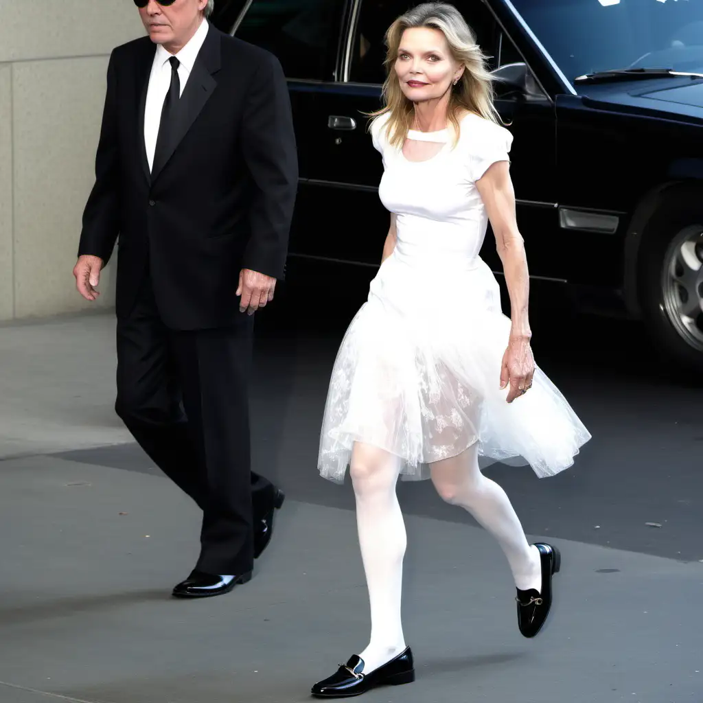 Michelle PFeiffer wears a wedding dress with miniiskirt white stockings and black patent horsebit loafers