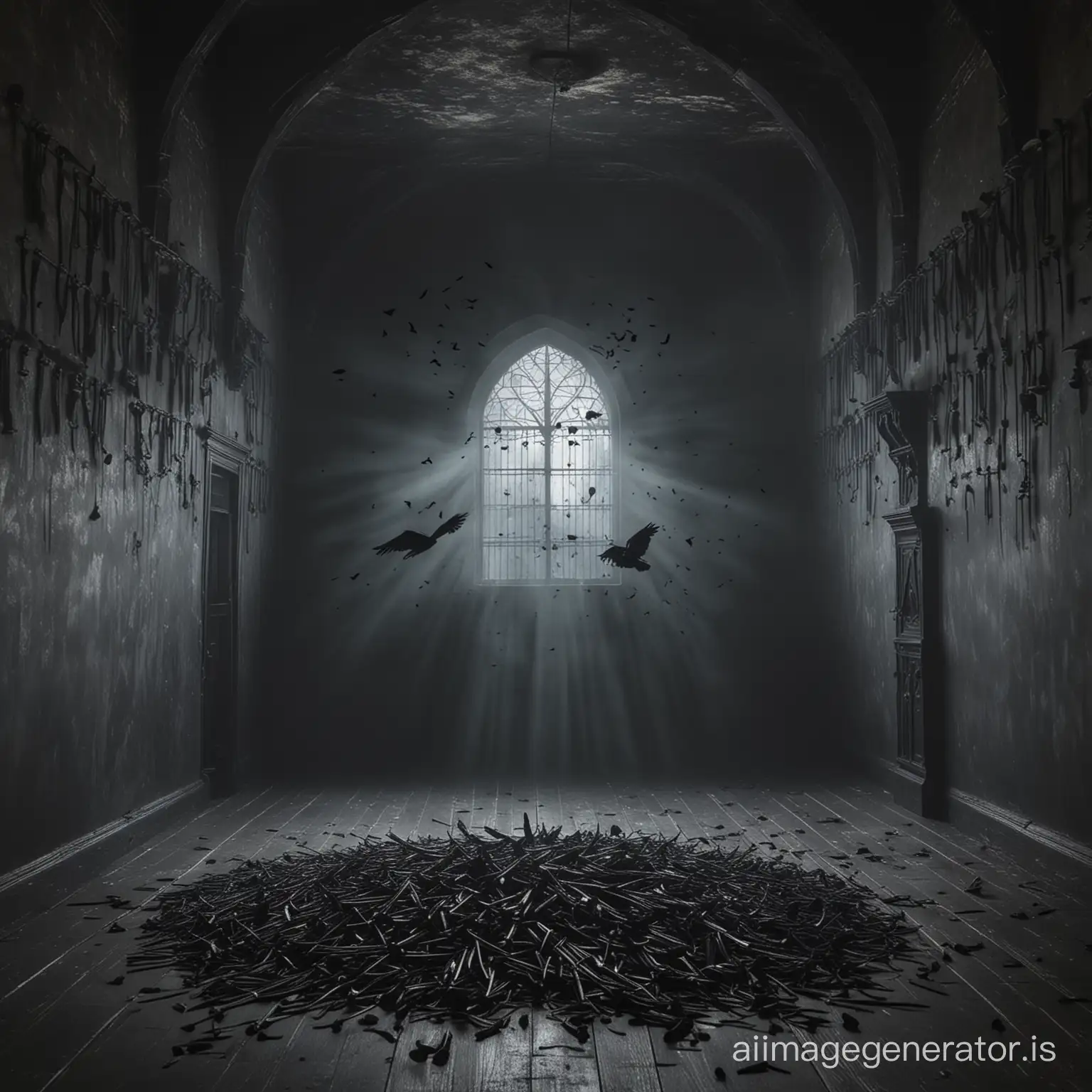 Dark castle room with magical light with a magical black mist with crow quills