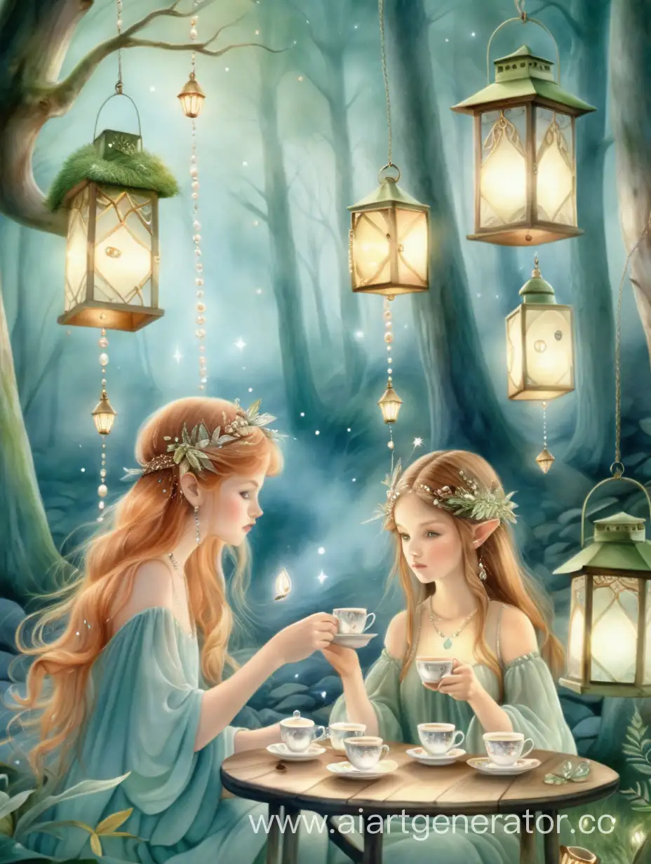 Enchanting-Forest-Nymphs-Sipping-Tea-in-Soft-Watercolor-Style