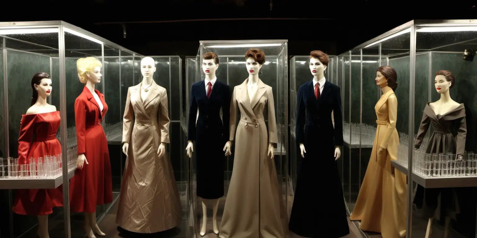 cellar with female wax figures in elegant dresses, coats and suits in glass boxes