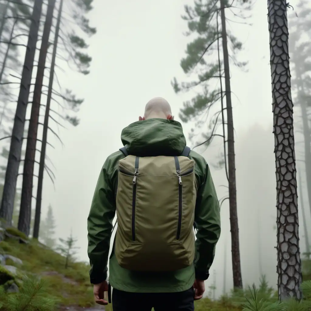 fit, cute, white, bald man, wearing olive green hiking jacket, backpack, black hiking pants, standing in the forest, in Norway, surrounded by huge pinetrees, close up, back view, foggy day, 1080 resolution, volumetric lightning, ultra 4k, high definition