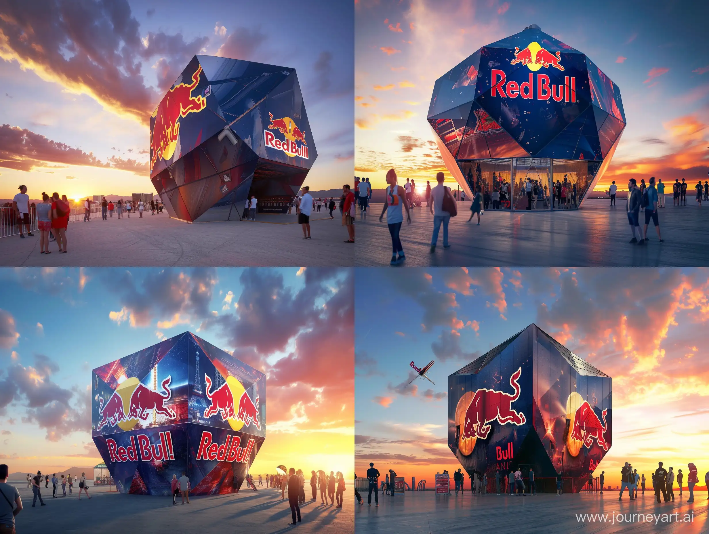 Imagine the Las Vegas Sphere, but owned by Red Bull. Instead of a Sphere, make it rhombus-shaped. Not very extree rhombus, but a shape that can be practical. 
Please have a realistic approach, make it it look like a photograph. Red Bull visuals have to cover the whole rhombus, not only a logo in a corner. The walls need to be able to be dismounted, transported somewhere else, and the building built again.
Please make sure the branding is correct. Make sure "Red Bull" is well written, and the logo is right. 

Please picture people around it, and nice sky and realistic sunset behind
