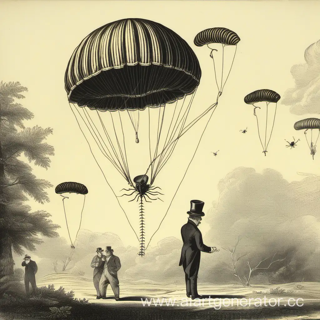 a centipede flies on a parachute, and a man in a top hat stands nearby