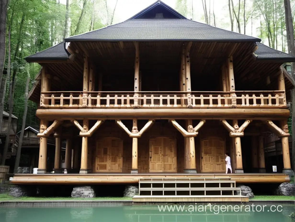 Enormous-Wooden-Bathhouse-Amidst-Tranquil-Forest-Setting