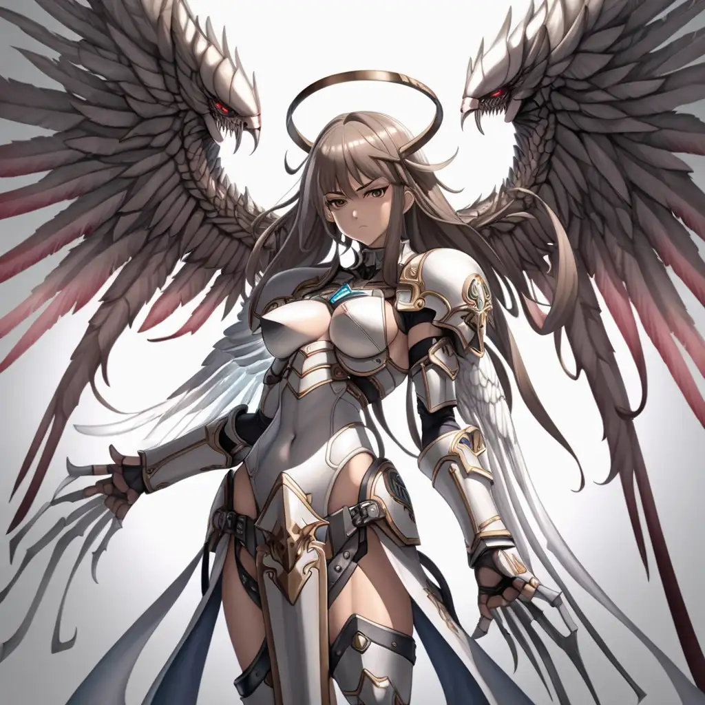 anime angel woman, motherly, tall, brutal expression, buff, angry, many wings, eldrich, evil, horror, looking down, full body, wearing armor