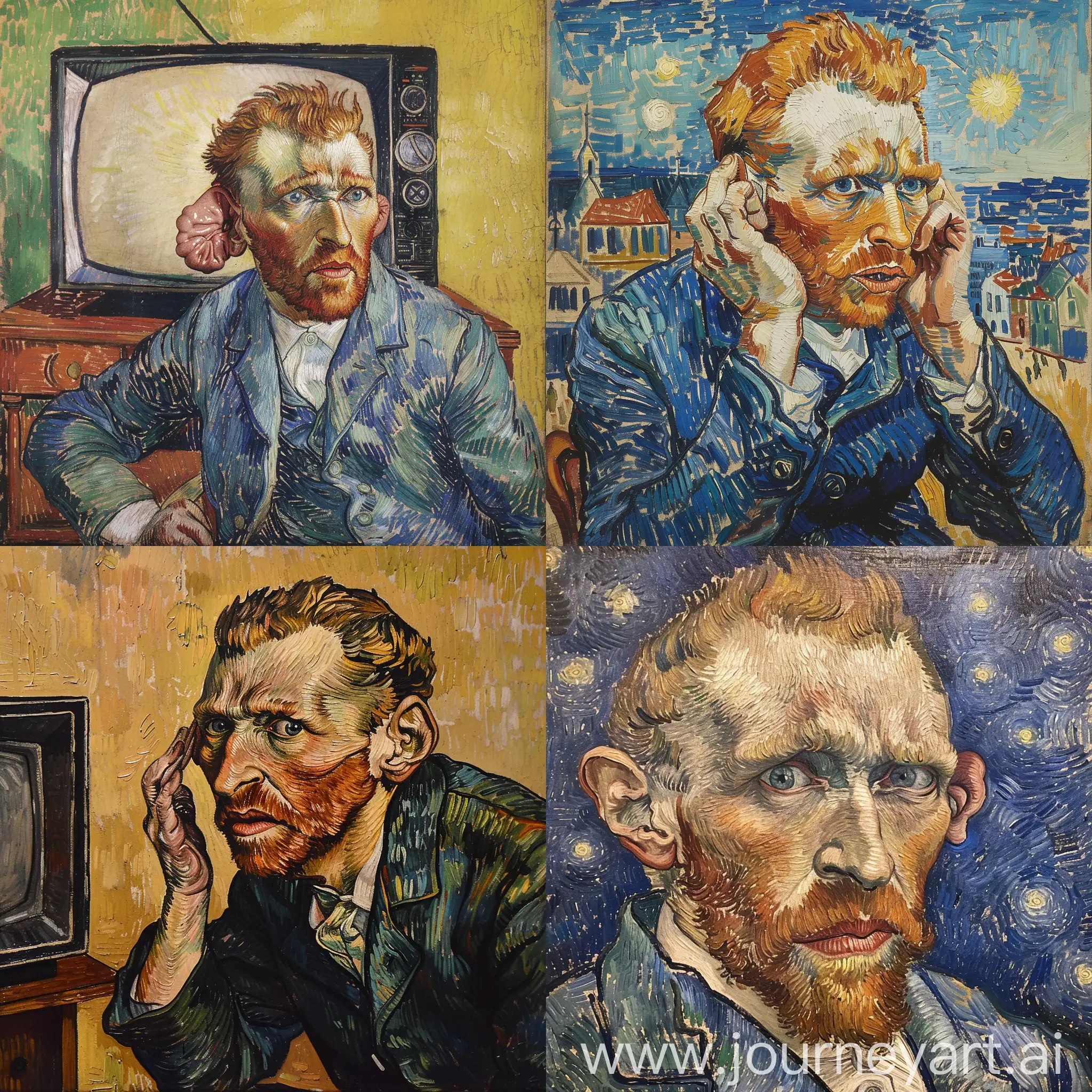 Van Gogh som mister sit ører imens han ser tv 