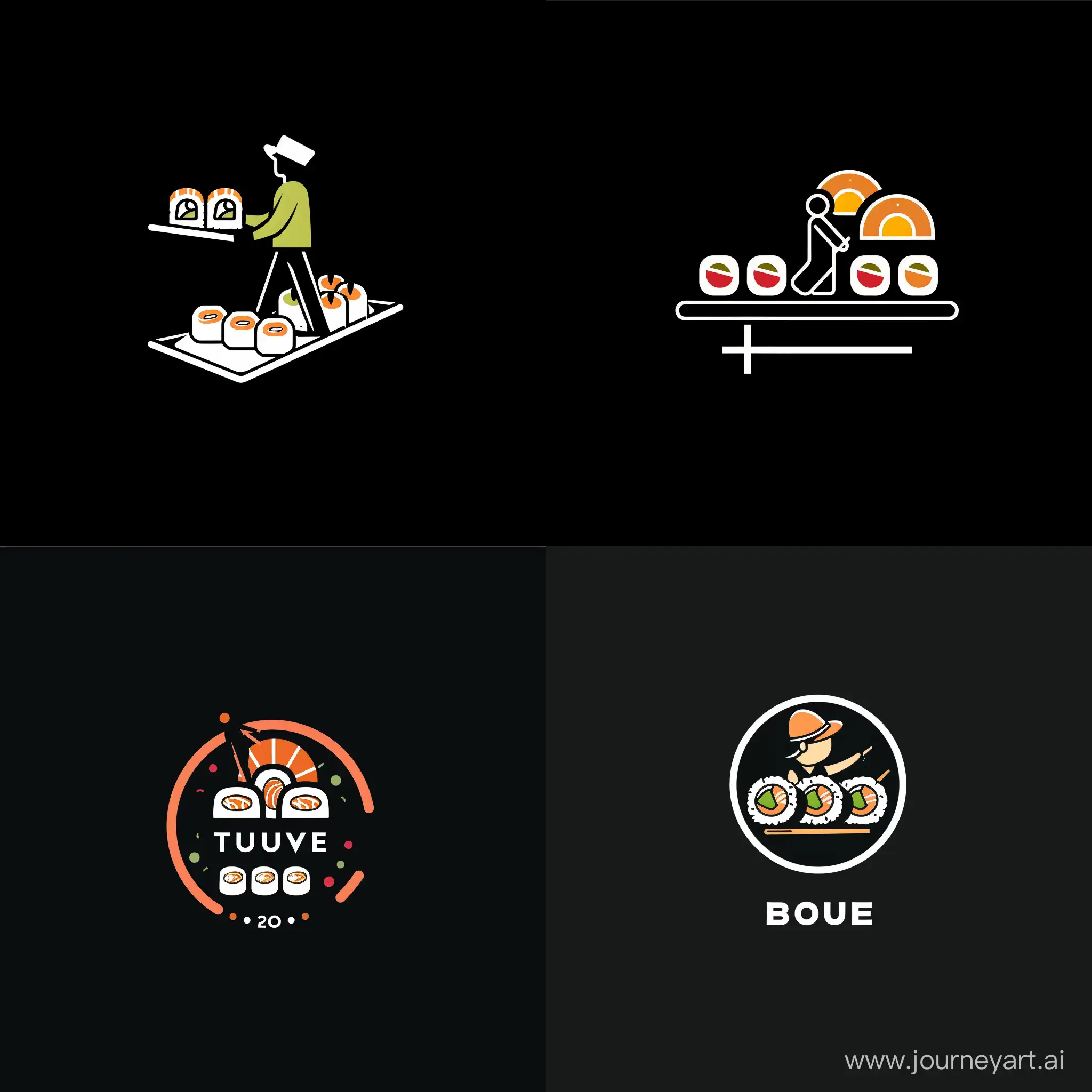 Минималистичный логотип для доставки еды, курьер везёт суши , черный фон, аппетитно