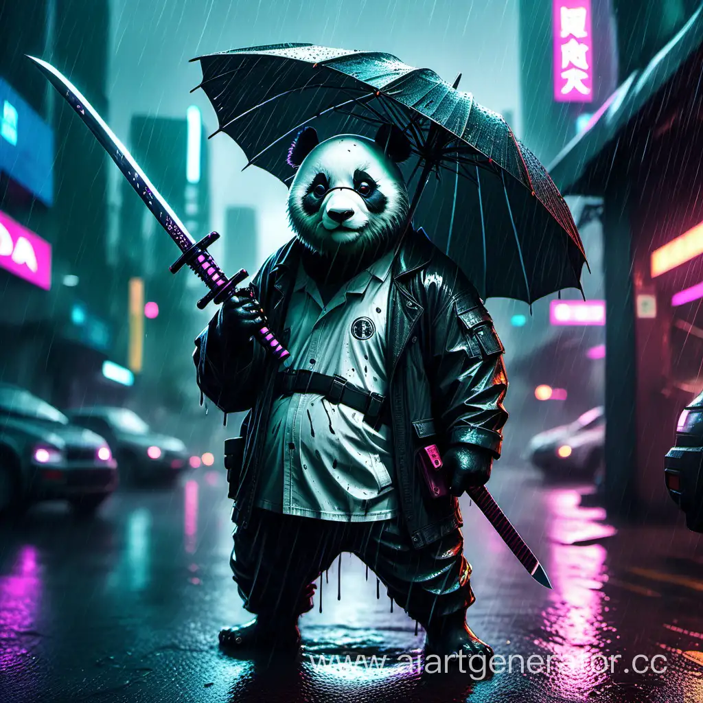 Панда в стиле киберпанк под дождем с катаной