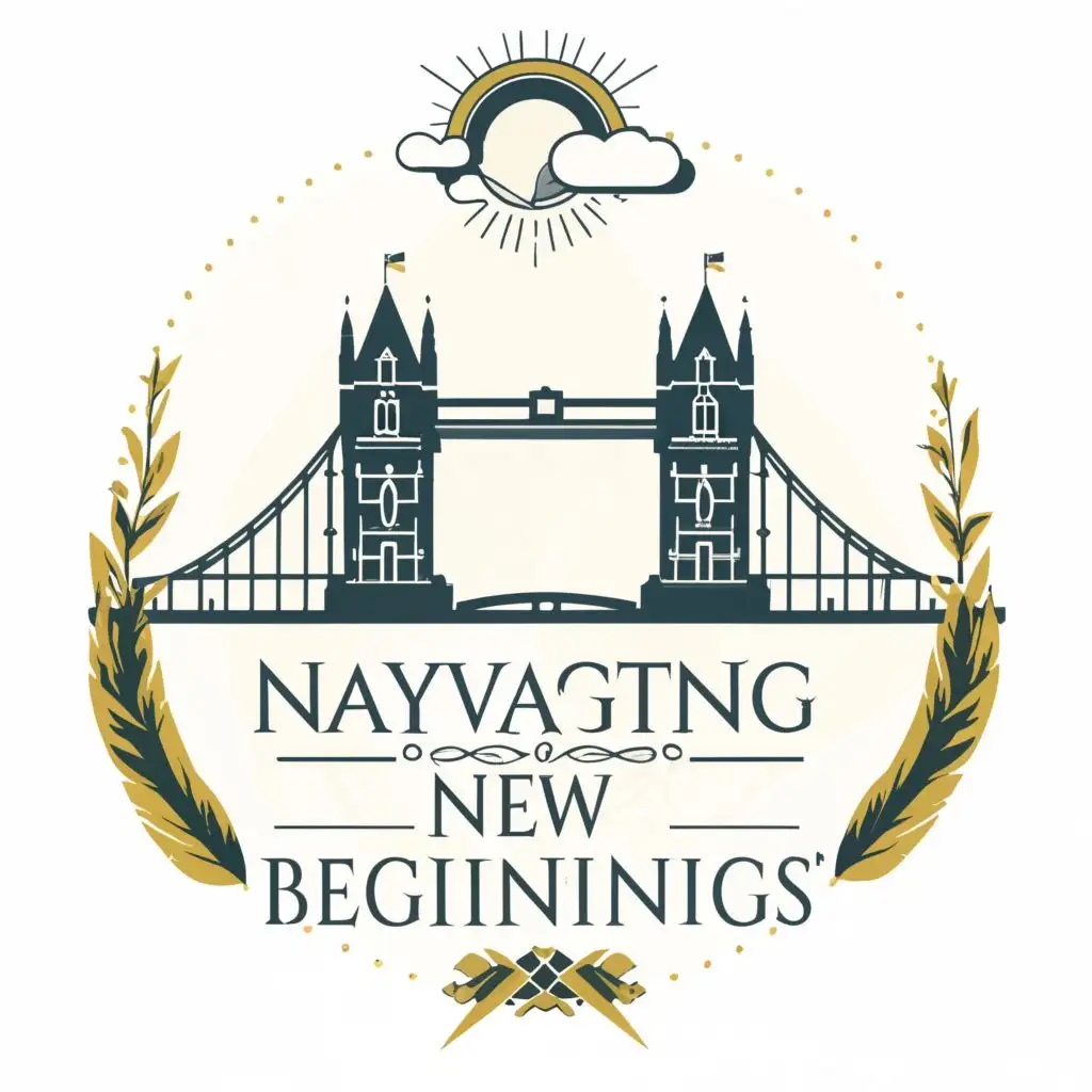 logo, bridge, with the text "Navigating New Beginnings", typography