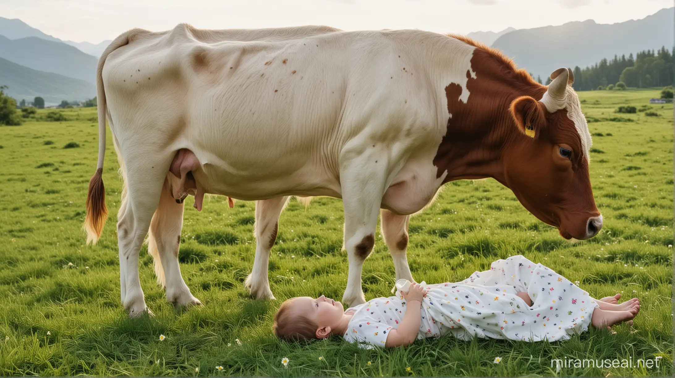 cow giving milk to human baby that laying in grass