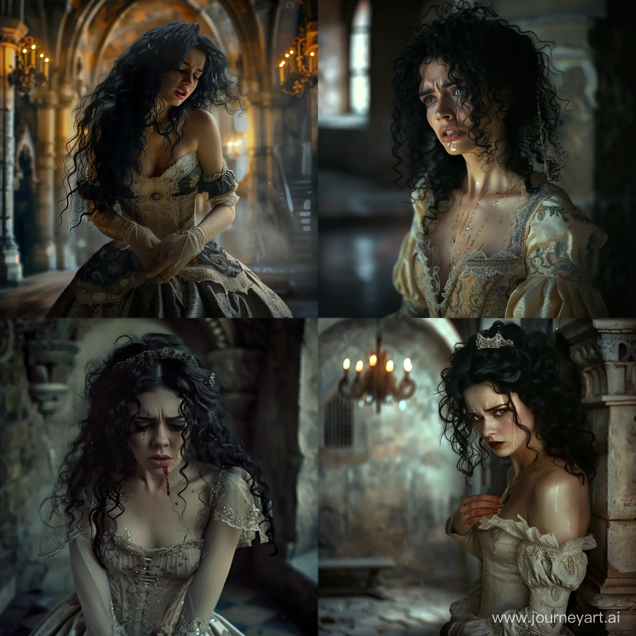 tormented woman with black curls in a beautiful dress, castle chamber, crying, fantasy, darkness