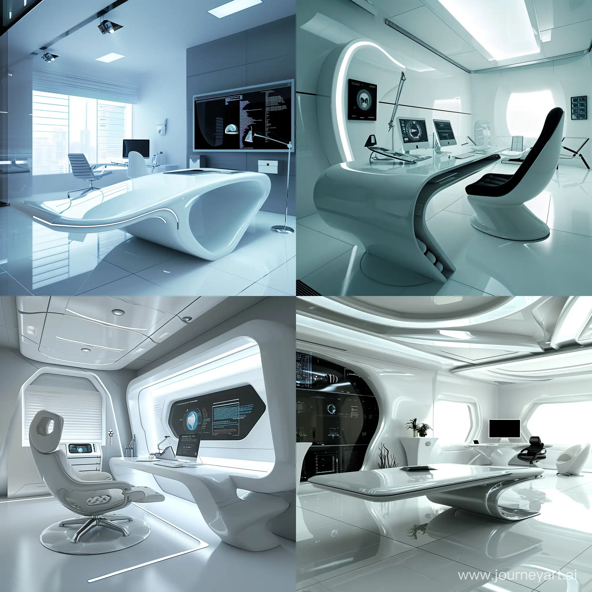 imagine minimalist interior design style, futuristic home office, sleek furniture, state-of-the-art technology
