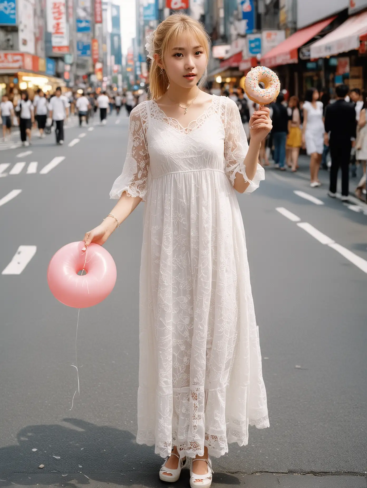 real photos of Japanese teenager showing street fashions in Shinjuku circa year 2000,  single female wearing white lace maxi-dress with fine pattern, in her left hand she holds up a donut, in her right hand she holds a balloon on a string, kawaii style, in the style of Shoichi Aoki photos for “Fruits” magazine