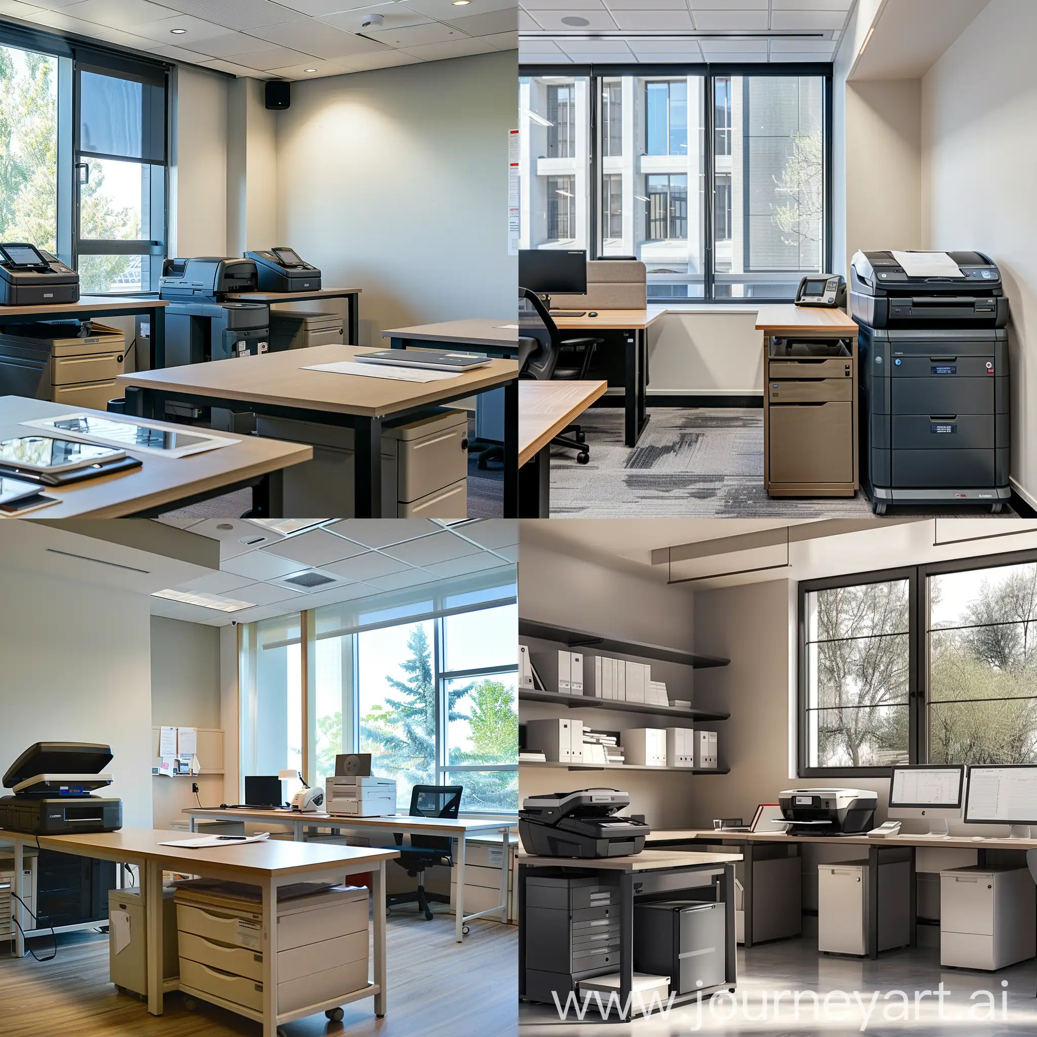 administration office, neutral colours, window, photocopier, 2 workstations, big space, modern, large tables