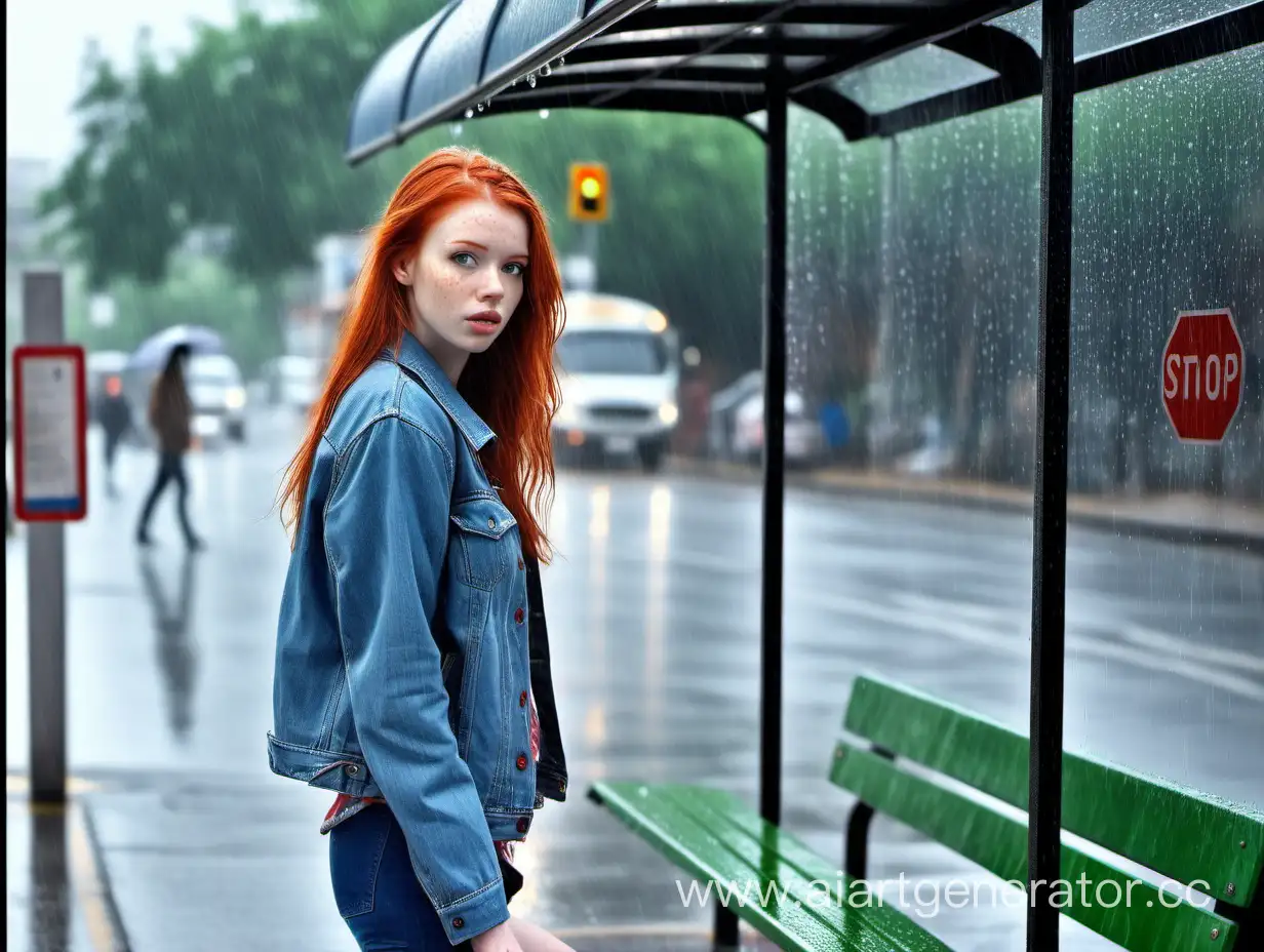 high definition digital photo, grey city buildings background, a tall attractive red head girl, wearing blue denim  jacket , standing at a bus stop, with a green bench, it is raining-she is wet wide