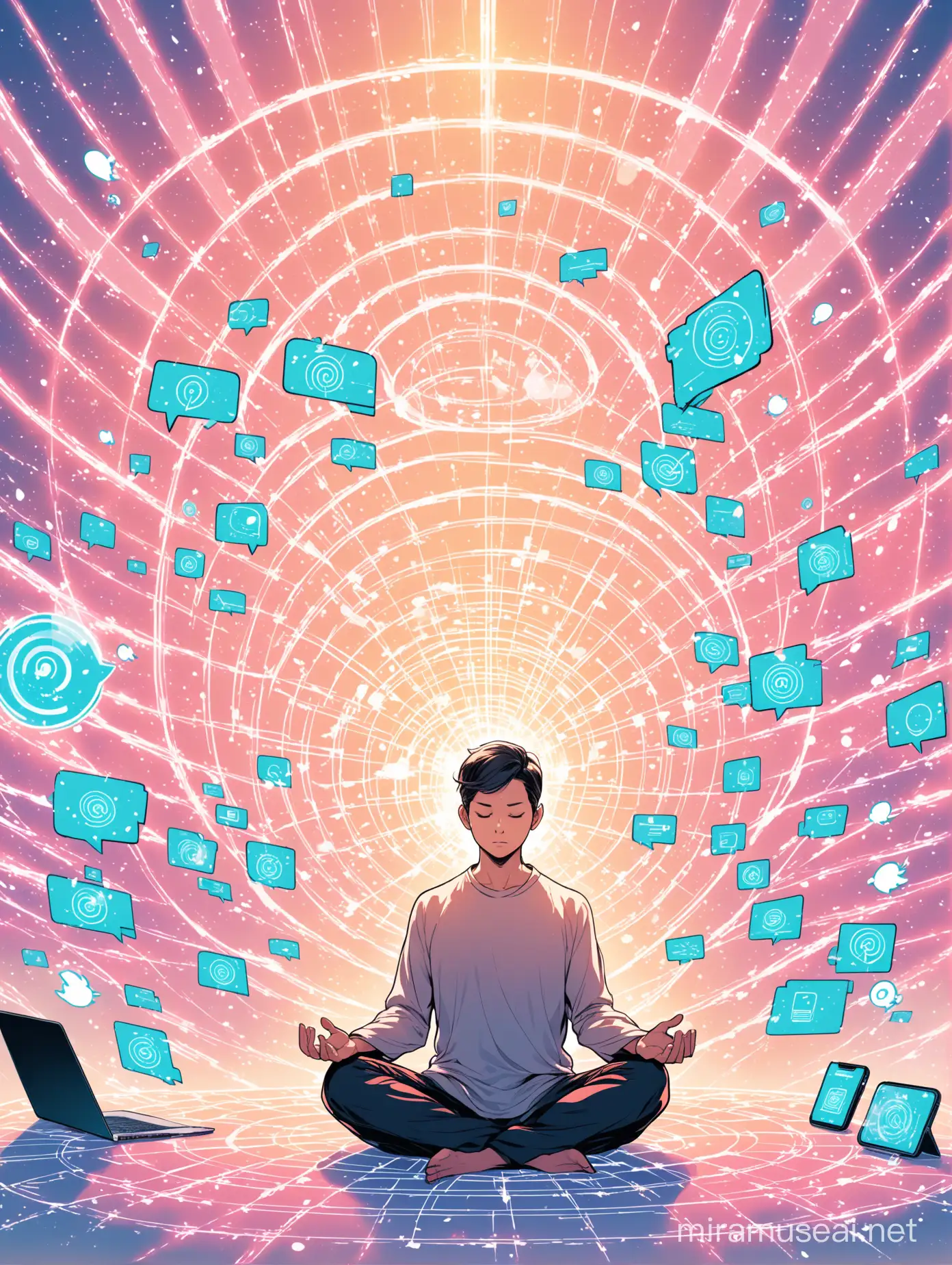 a person meditating surrounded by visual representation of distractions such as swirling digital notifications, scattered thoughts in the form of translucent speech bubbles, and fleeting images of daily tasks—attempting to disrupt their focus