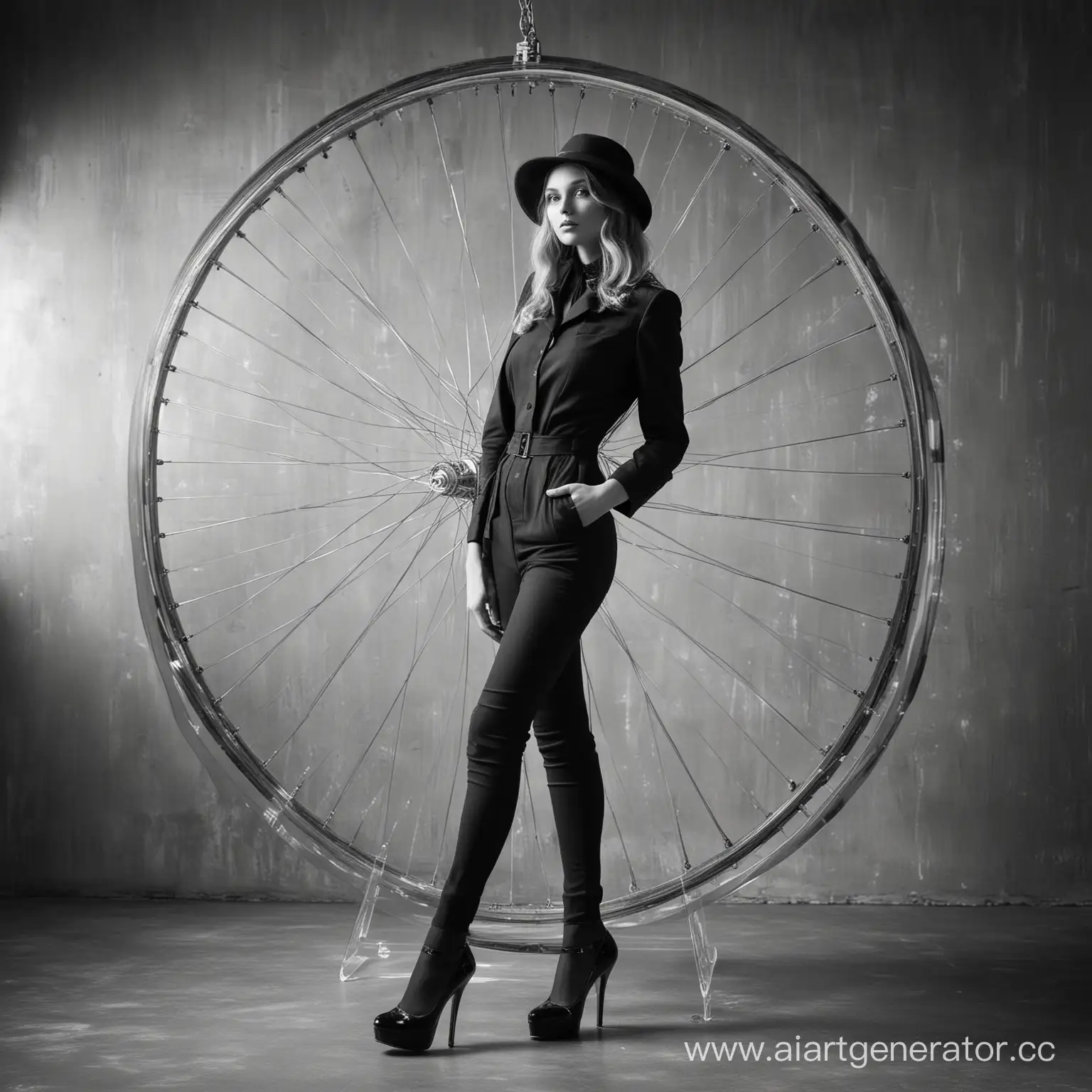 Full-length portrait of a beautiful European fashion model. Instead of a fashionable hat, she has a large bicycle wheel on her head. She's wearing high-heeled shoes. She's looking down. She poses against the background of transparent plastic hanging in the studio. Beautiful light. Everything is made in the style of vintage black and white photographs of the 19th century.