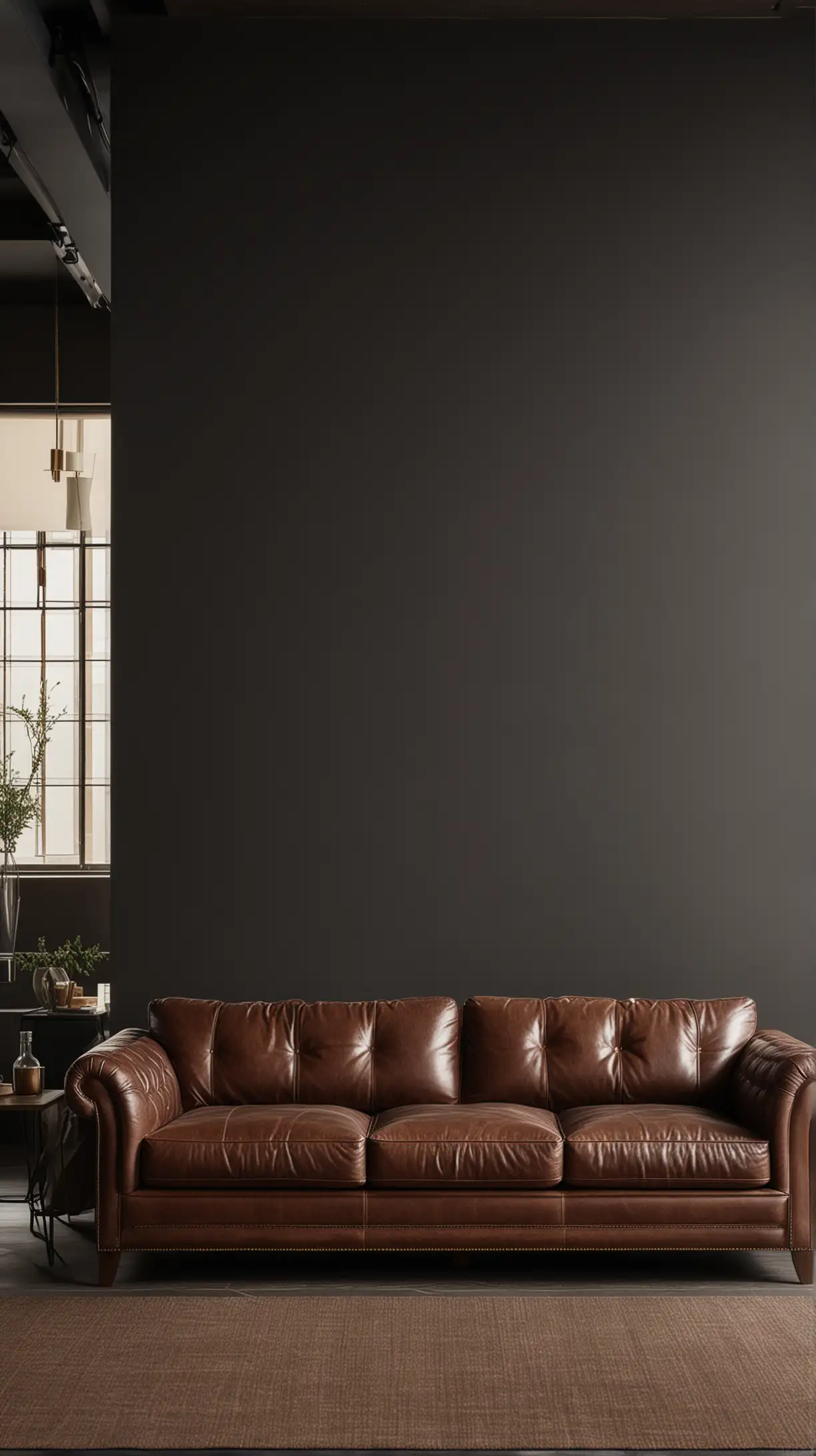 Luxurious dark brown leather sofa in a masculine living room setting, featuring dark walls and minimal decor, emphasizing the sofa's rich texture and craftsmanship.