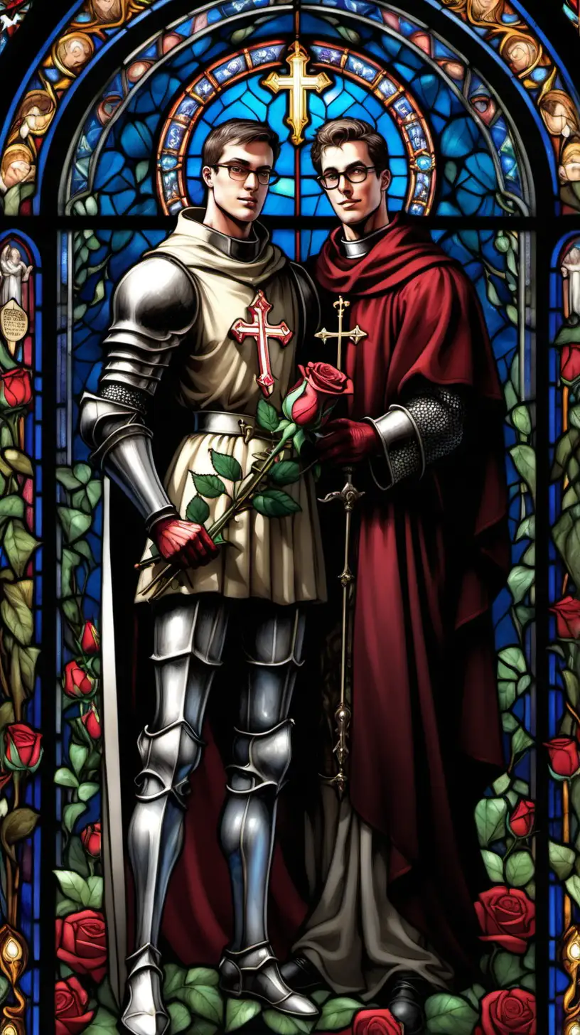 Handsome tall muscular male knight holding his short male priest husband short hair glasses roses church stained glass 