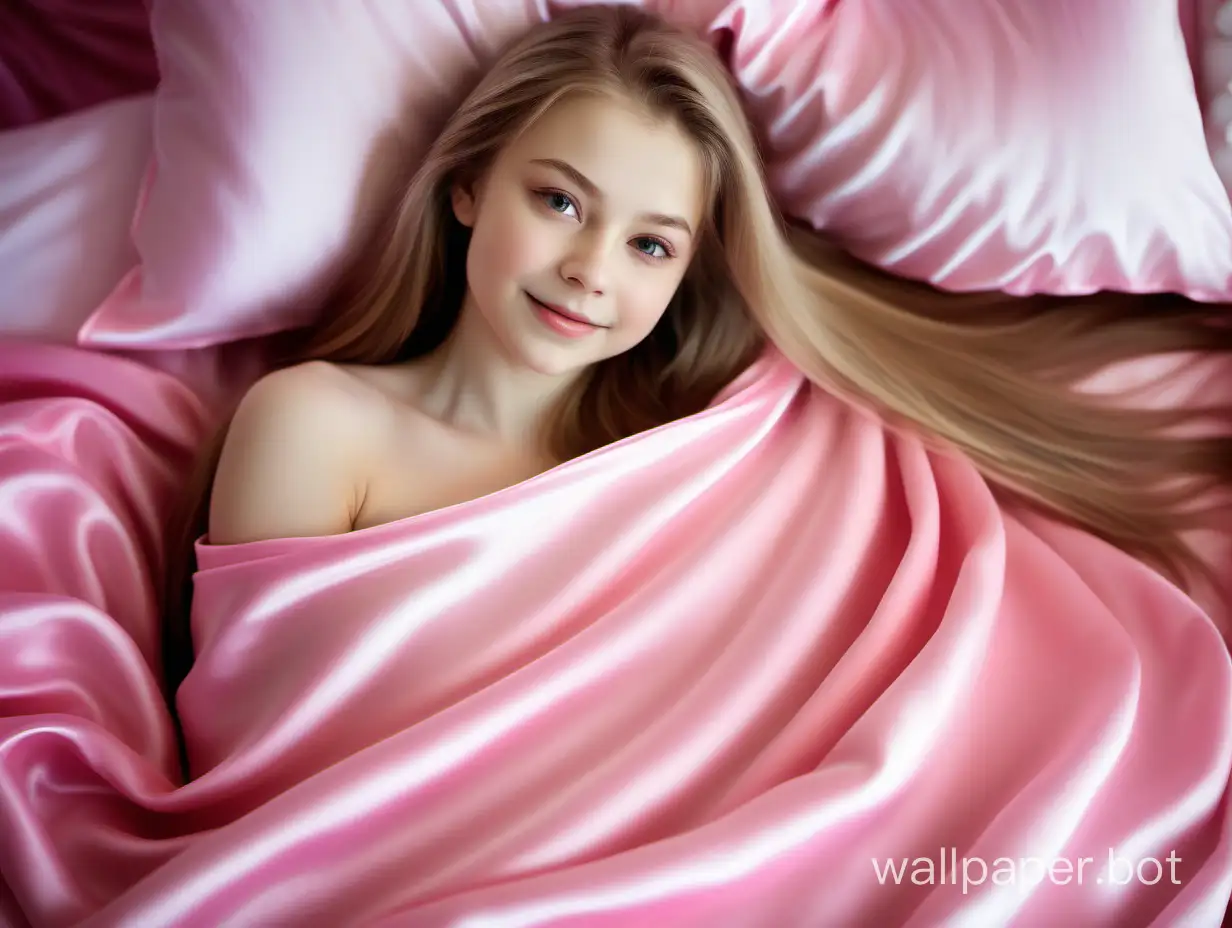 Tender, modest, sweet darling Yulia Lipnitskaya with long, straight, silky hair lies under a bright pink silky tender blanket on a bright pink tender silk pillow and tenderly, angelically smiles