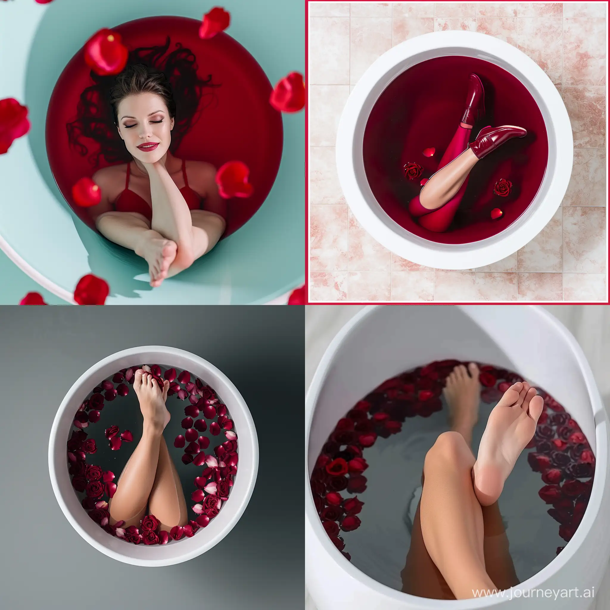 Hour glass physique, Top down view, brunette model that doesn’t exist in real life, in a  porcelain modern bath tub, the rose pettels of the deeper red in the water, her one leg is out the water, relaxed, closed eyes