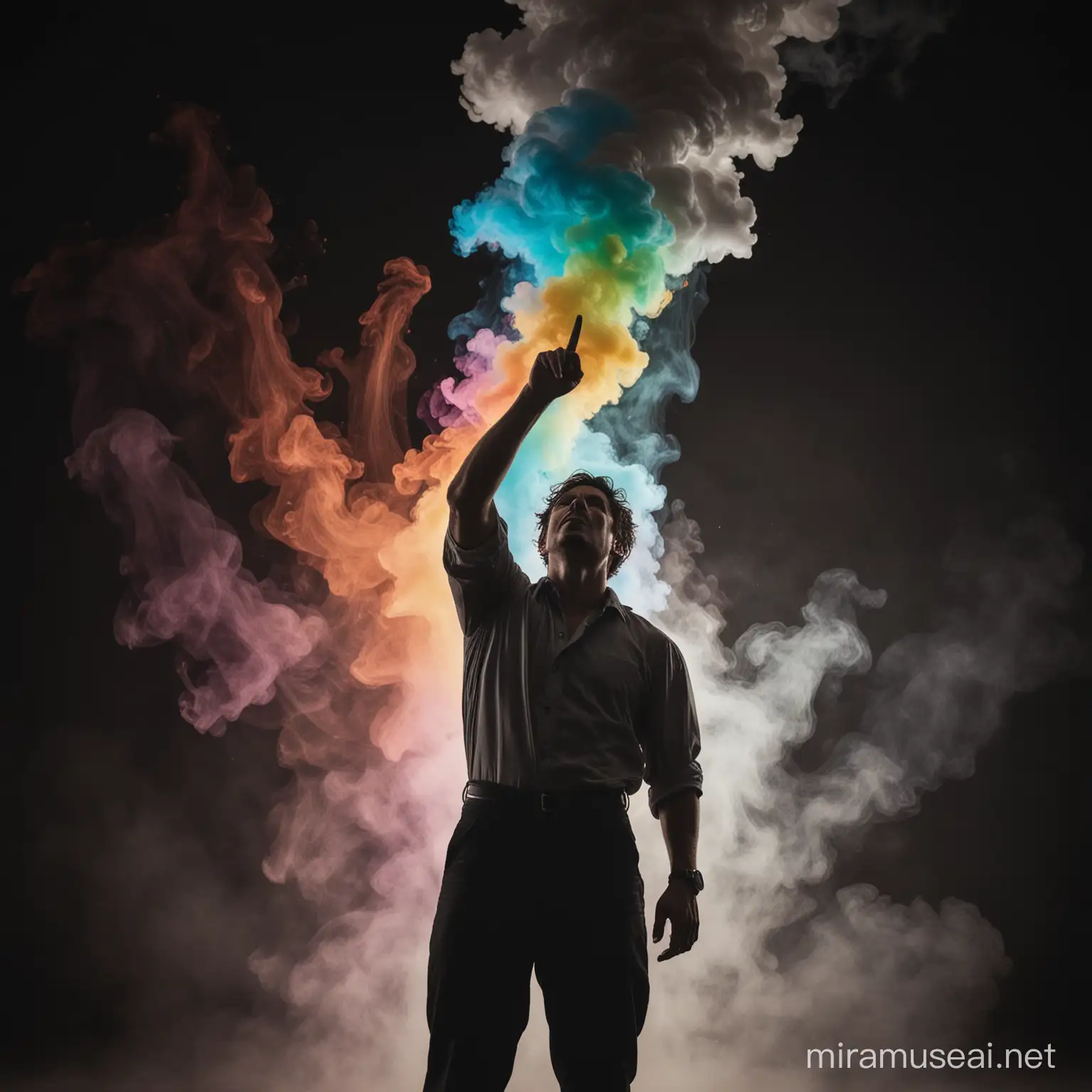 Frontal shot 30foot distance taken of a man looking up at the sky and straight arm raised with finger pointing toward. There is a pitch black background and a bit of colorful smoke rising from the ground behind him; noir style, dark.