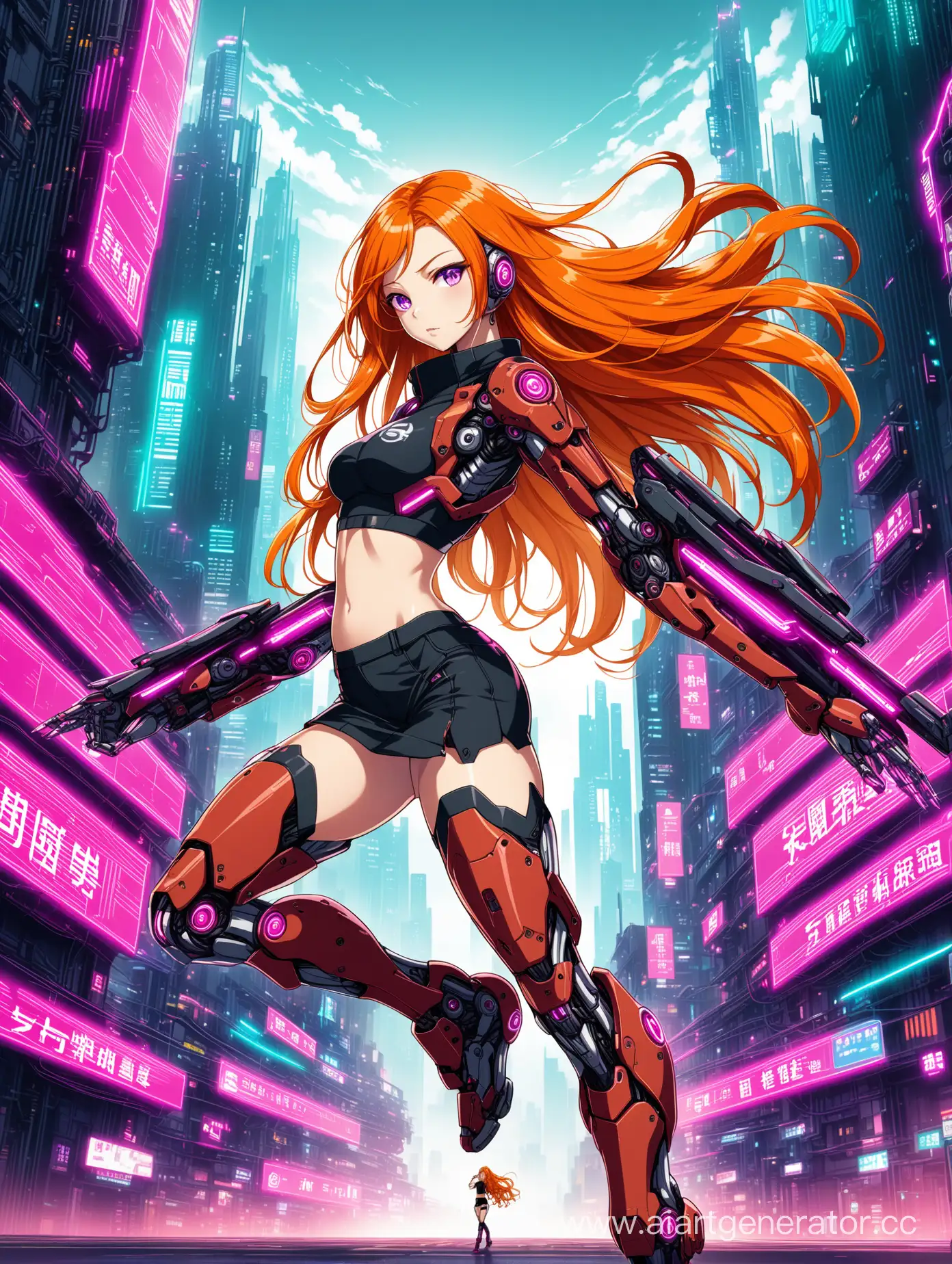 anime style, cyborg girl  with long orange hair, wavy hair, purple eyes, crop top, miniskirt, cyberpunk city, dynamic pose, red cyborg eye, mechanical arms, mechanical legs