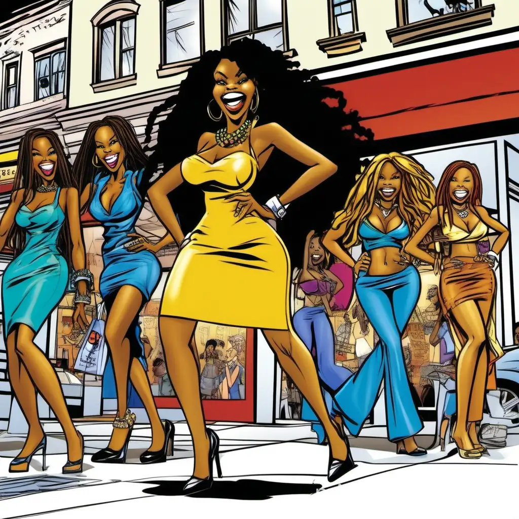 Stylish African American Women Laughing at Fashion Store in 2007 Commercial Cartoon Scene
