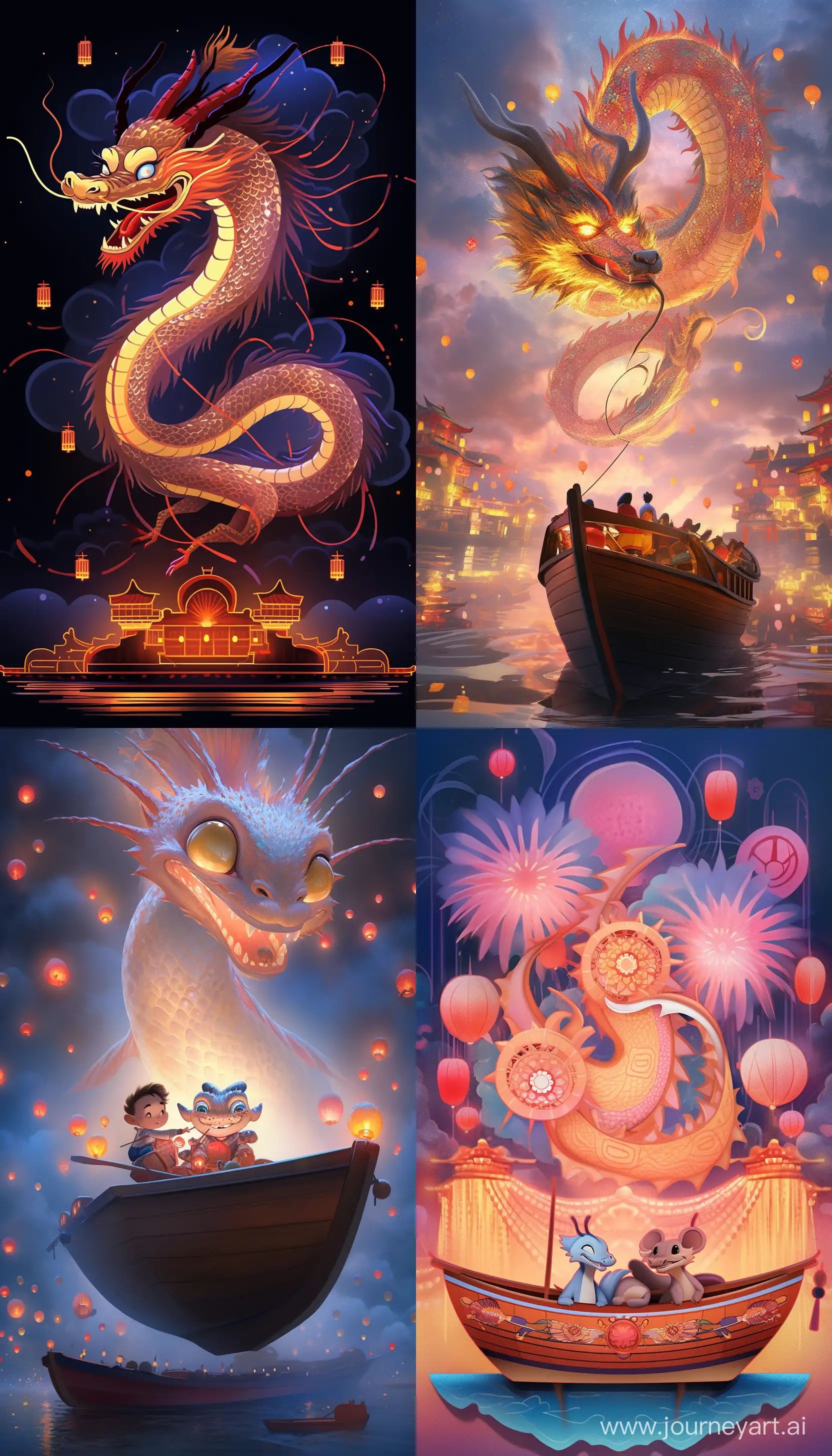On the midway of our journey, we embark on a voyage with the traditional Chinese dragon. It's as if we've stepped into the enchanting world of a Chinese New Year poster—cute, vibrant, and adorned with elements like fireworks, clouds, and lanterns. Fireworks light up the sky, clouds gently drift by, and lanterns glow, creating a scene filled with joy and tradition. Let's immerse ourselves in the unique charm of Chinese culture and welcome a new beginning together. Wishing you a delightful midway and a journey filled with good fortune --ar 4:7 --niji 5