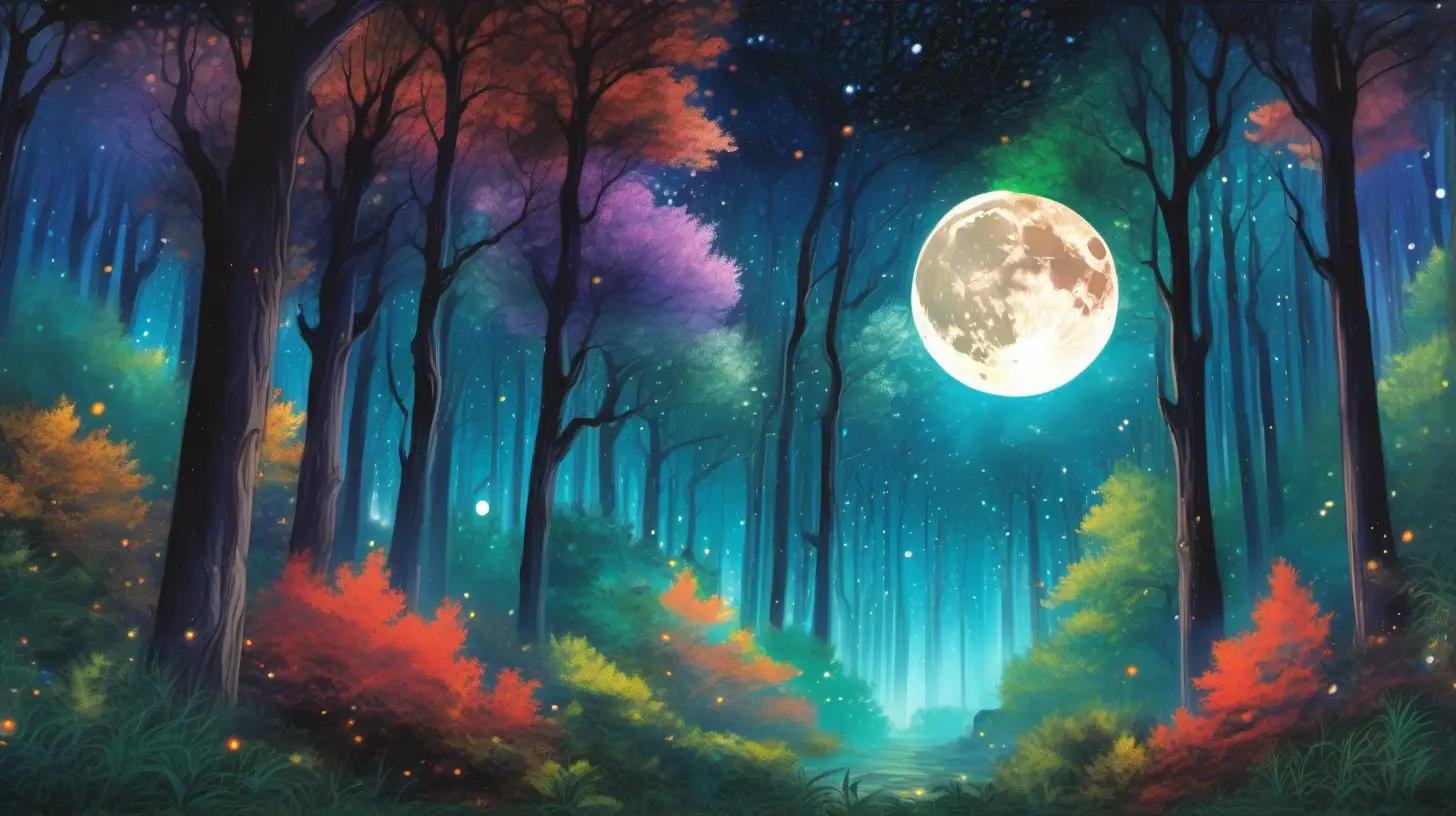 a painted painting of a ghibli-style nature scene, it's night time, it's gloomy, it's colorful, there are lots of trees, the moon is big and in the sky, it's slightly foggy, there is fairy dust floating in the air, beautiful forest, beautiful trees, beautiful sky