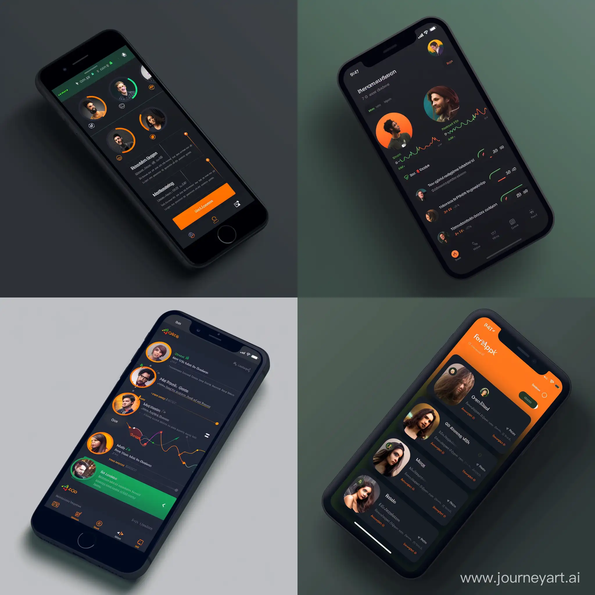 modern ios app with graph then  friends list  

main color - dark
color 1 - matte green
color 2 - orange